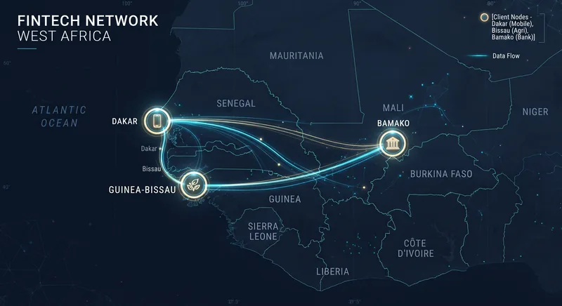Carte stylisée de l'Afrique de l'Ouest : nœuds d'intervention ICELABSOFT à Dakar, Bissau et Bamako reliés par un réseau numérique