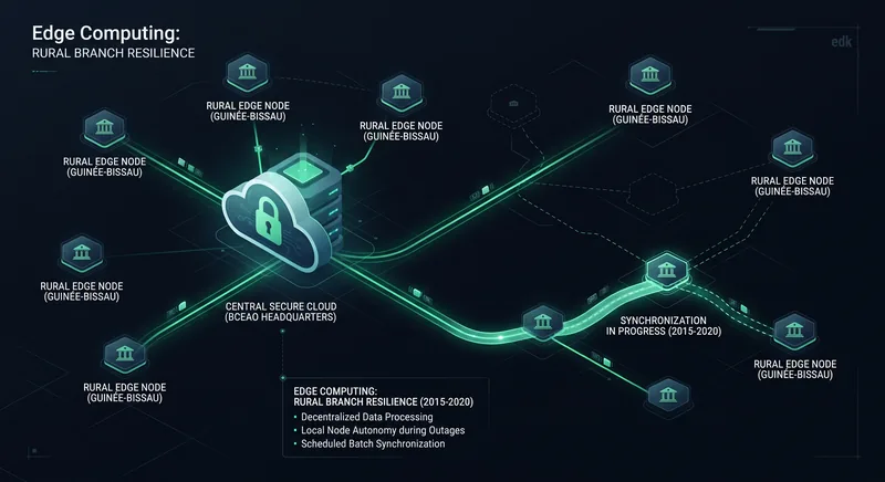 Schéma d'architecture edge computing : nœuds locaux synchronisés avec un serveur central à la reconnexion