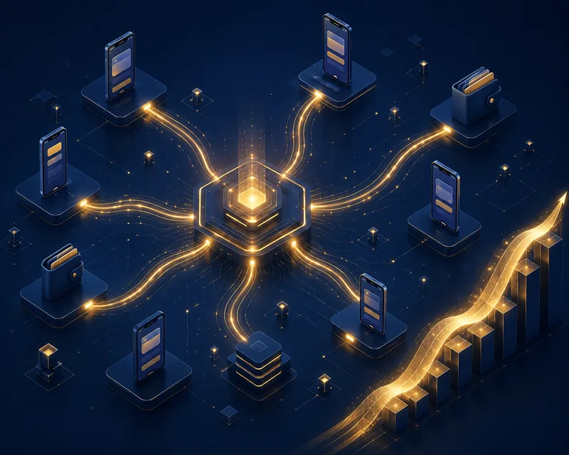 Représentation schématique d'une plateforme d'intégration de paiement mobile convergée avec un tableau de bord de liquidité